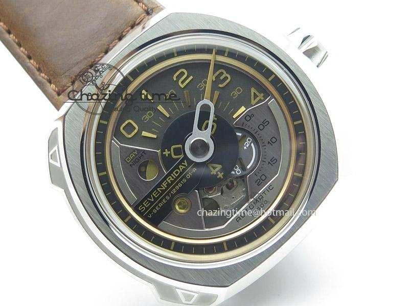 OdorResistant SevenFriday V2-01 V6F 1:1 Best Edition Black Silver Dial On Brown Leather Strap Miyota 82S 9639