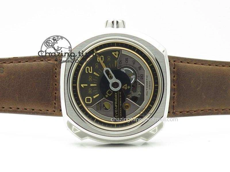 OdorResistant SevenFriday V2-01 V6F 1:1 Best Edition Black Silver Dial On Brown Leather Strap Miyota 82S 9639