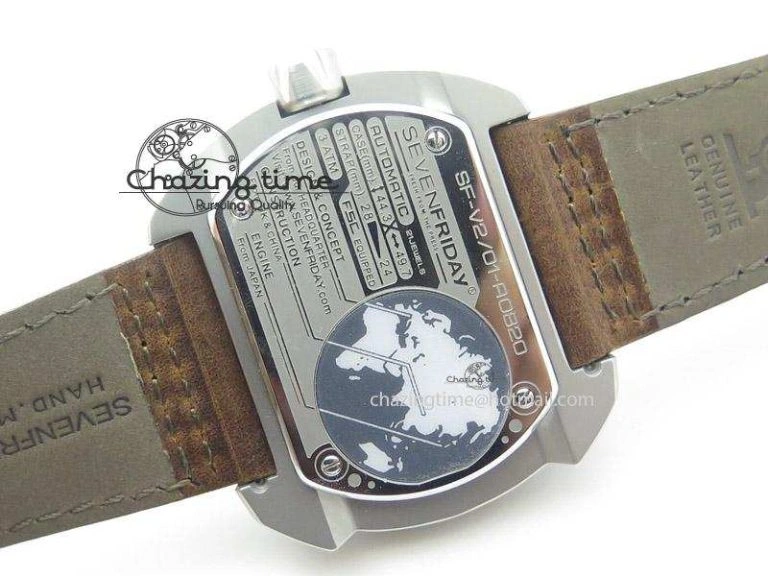 OdorResistant SevenFriday V2-01 V6F 1:1 Best Edition Black Silver Dial On Brown Leather Strap Miyota 82S 9639