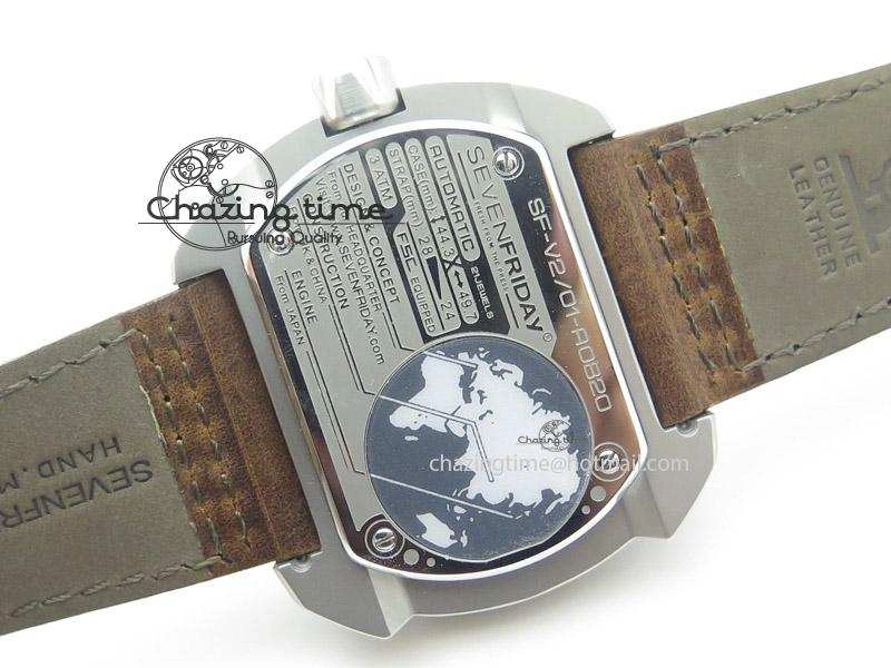 OdorResistant SevenFriday V2-01 V6F 1:1 Best Edition Black Silver Dial On Brown Leather Strap Miyota 82S 9639