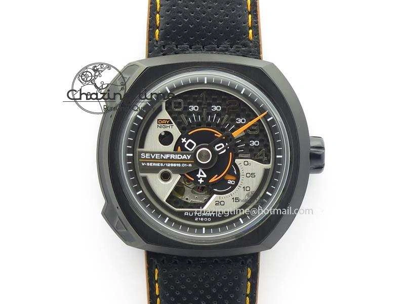 Breathable SevenFriday V3-02-GR V6F Best Edition Black Silver Dial Orange Hand On Black Leather Strap Miyota 82S 9633