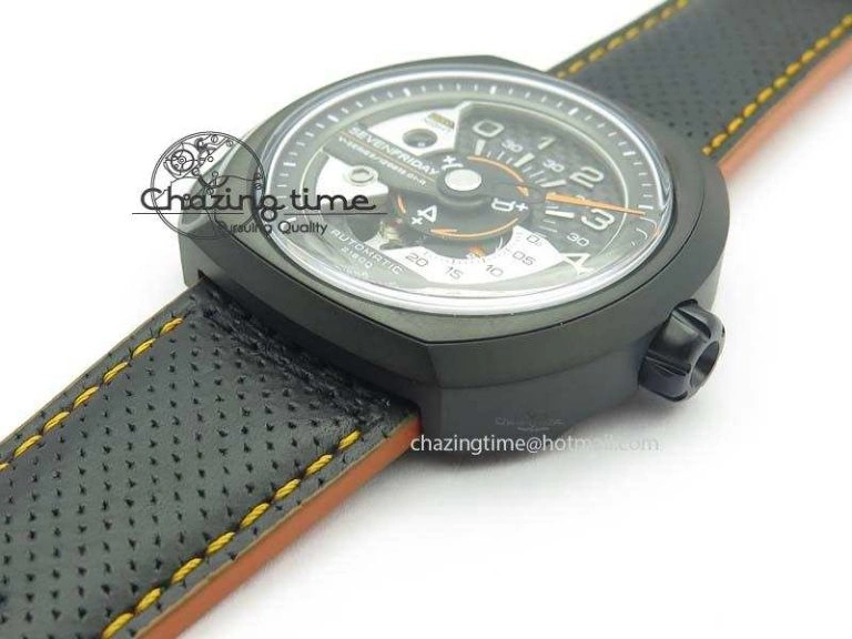 Breathable SevenFriday V3-02-GR V6F Best Edition Black Silver Dial Orange Hand On Black Leather Strap Miyota 82S 9633