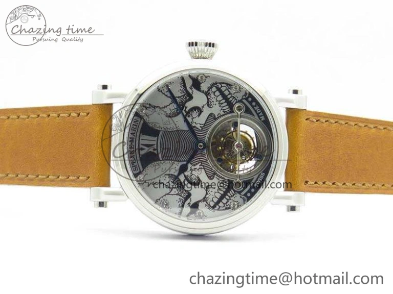 Speake Marin SS Case Silver Dial On Brown Leather Strap Asian EQ Tourbillon (Free Leather Strap) Affordable 9650