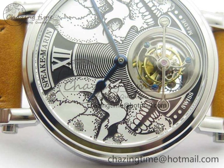 Speake Marin SS Case Silver Dial On Brown Leather Strap Asian EQ Tourbillon (Free Leather Strap) Affordable 9650
