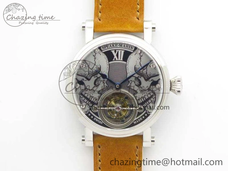 Speake Marin SS Case Silver Dial On Brown Leather Strap Asian EQ Tourbillon (Free Leather Strap) Affordable 9650