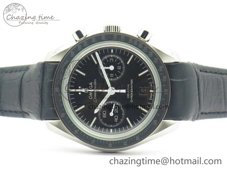 Sophisticated SpeedMaster MoonWatch SS OMF 1:1 Best Edition Black Dial White Handset On Leather Strap A9300 V 8086