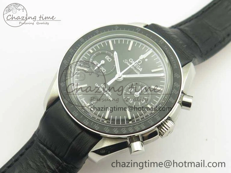 Sophisticated SpeedMaster MoonWatch SS OMF 1:1 Best Edition Black Dial White Handset On Leather Strap A9300 V 8086