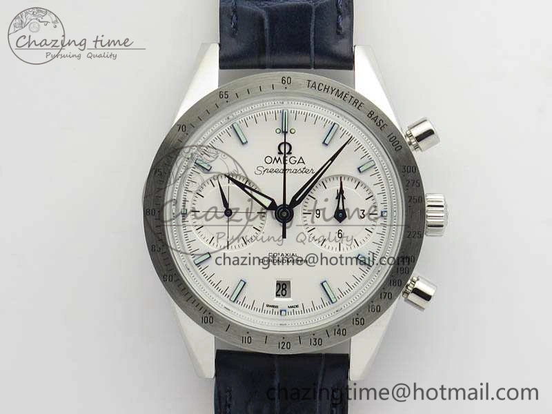 Unique Speedmaster ’57 Co-Axial OMF 1:1 Best Edition White Dial Blue Markers A9300 (Free Leather Strap) 8132