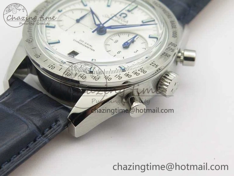 Unique Speedmaster ’57 Co-Axial OMF 1:1 Best Edition White Dial Blue Markers A9300 (Free Leather Strap) 8132