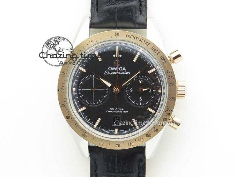 Speedmaster ’57 SS Chrono AXF Best Edition RG Bezel Black Dial on Black Leather Strap A Comfortable 8283