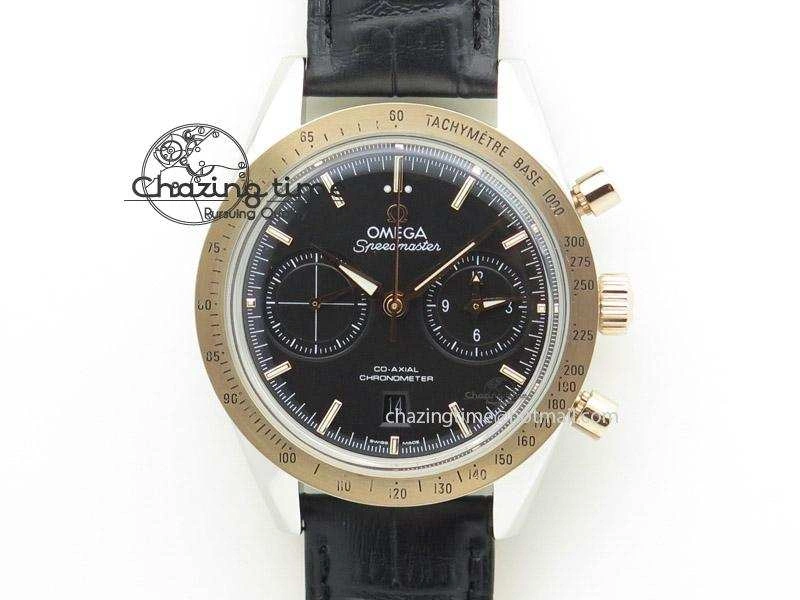 Speedmaster ’57 SS Chrono AXF Best Edition RG Bezel Black Dial on Black Leather Strap A Comfortable 8283