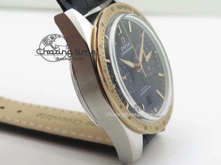 Speedmaster ’57 SS Chrono AXF Best Edition RG Bezel Black Dial on Black Leather Strap A Comfortable 8283