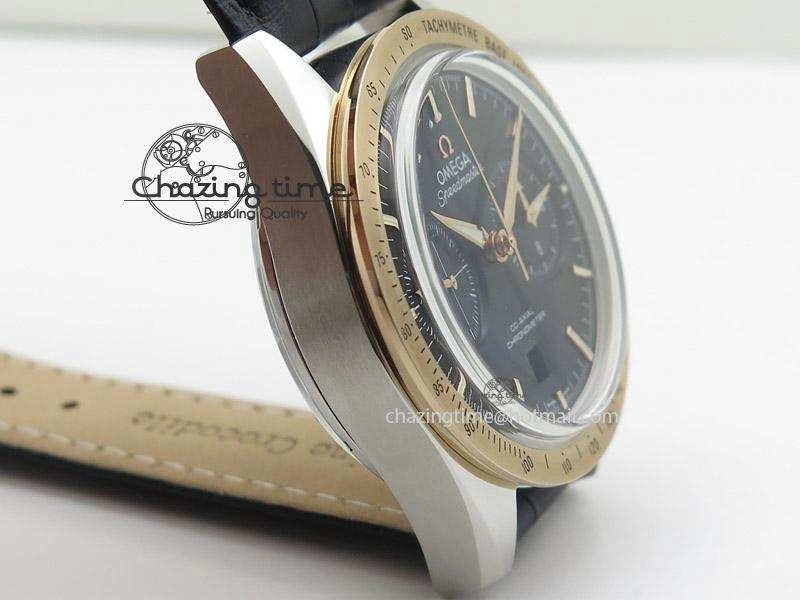 Speedmaster ’57 SS Chrono AXF Best Edition RG Bezel Black Dial on Black Leather Strap A Comfortable 8283