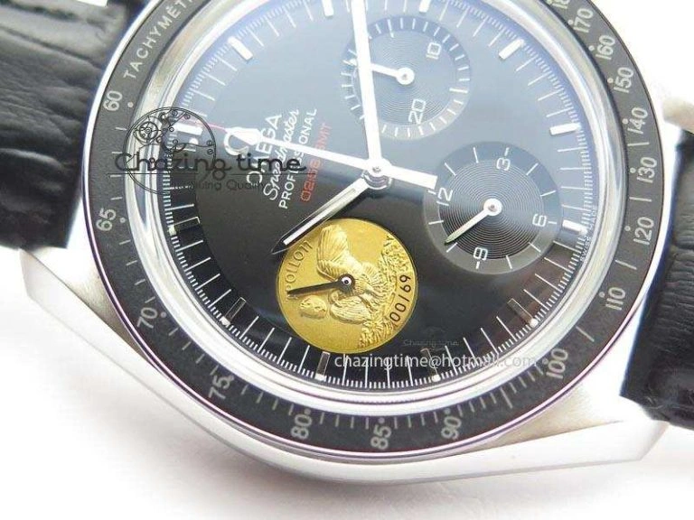 Speedmaster Apollo 11 On Black Leather Strap Manual Winding Chrono Movement Lightweight 8224