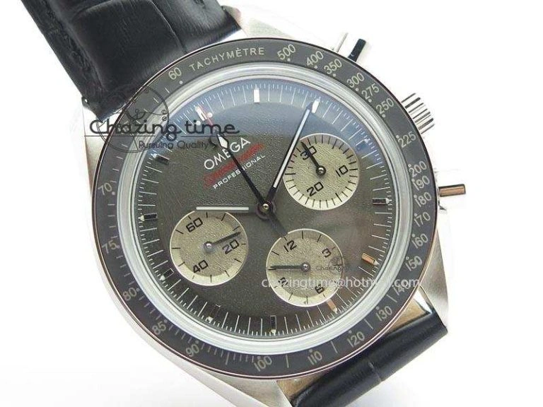 Speedmaster Apollo XVII Gray Dial On Black Leather Strap Manual Winding Chrono Movement FlexibleFit 8222