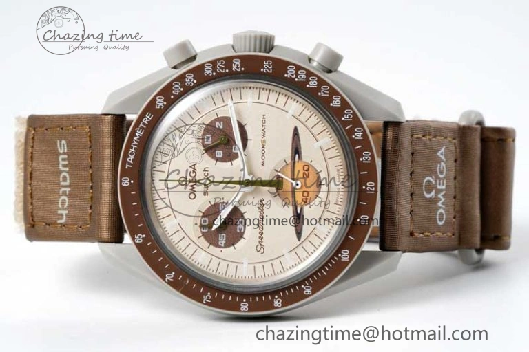Speedmaster Misson To Saturn 1:1 Best Edition Beige Dial On Nylon Strap Quartz UrbanStyle 7861