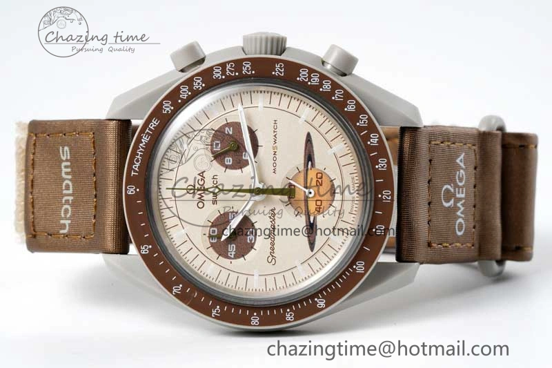 Speedmaster Misson To Saturn 1:1 Best Edition Beige Dial On Nylon Strap Quartz UrbanStyle 7861