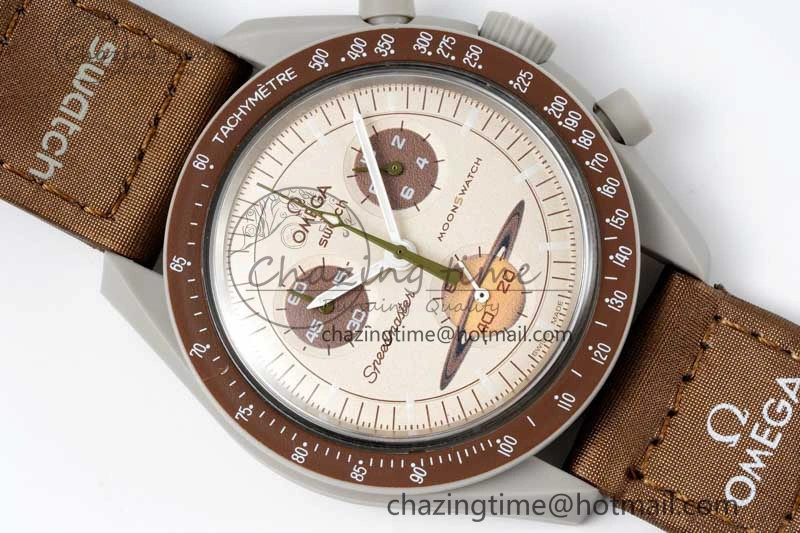 Speedmaster Misson To Saturn 1:1 Best Edition Beige Dial On Nylon Strap Quartz UrbanStyle 7861