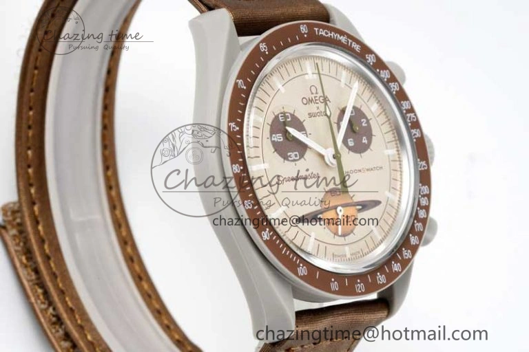 Speedmaster Misson To Saturn 1:1 Best Edition Beige Dial On Nylon Strap Quartz UrbanStyle 7861
