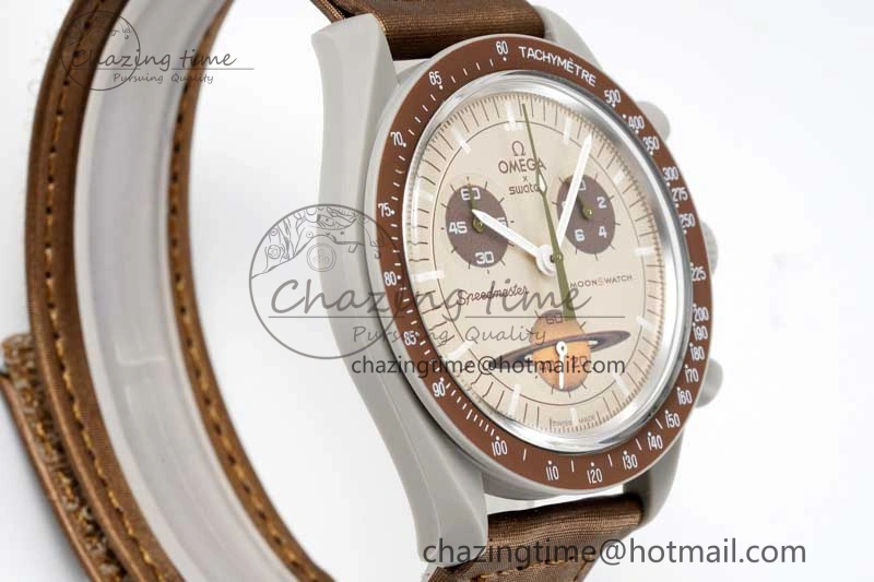 Speedmaster Misson To Saturn 1:1 Best Edition Beige Dial On Nylon Strap Quartz UrbanStyle 7861