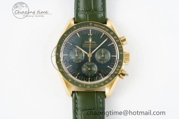 Speedmaster Moonwatch in Moonshine Gold YG RMF Best Edition Green Dial on Green Leather Strap Manual Chrono Effortless 7832