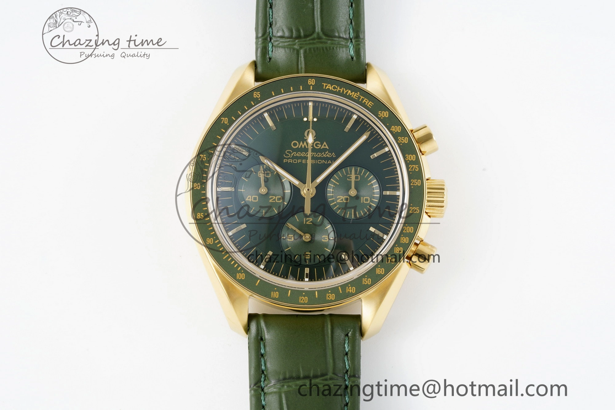 Speedmaster Moonwatch in Moonshine Gold YG RMF Best Edition Green Dial on Green Leather Strap Manual Chrono Effortless 7832