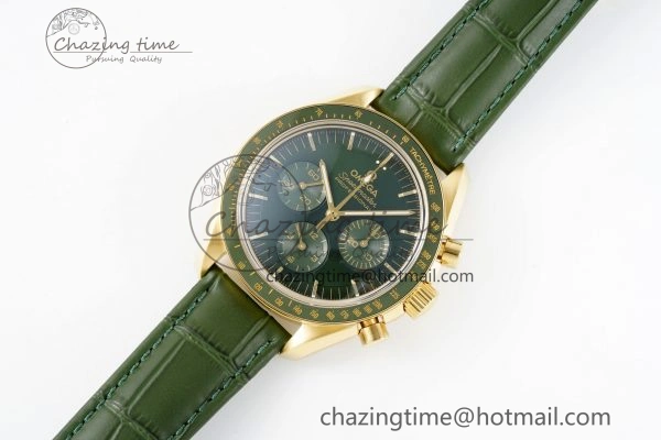 Speedmaster Moonwatch in Moonshine Gold YG RMF Best Edition Green Dial on Green Leather Strap Manual Chrono Effortless 7832