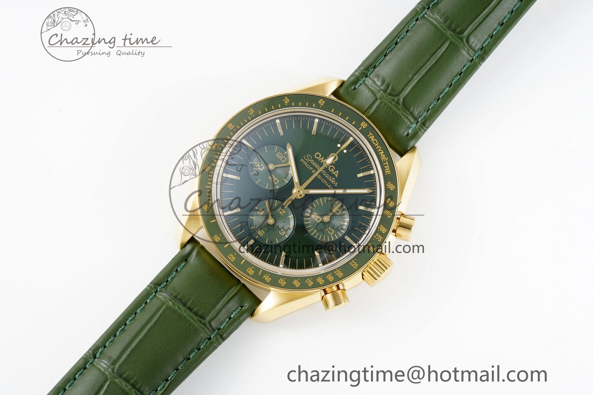 Speedmaster Moonwatch in Moonshine Gold YG RMF Best Edition Green Dial on Green Leather Strap Manual Chrono Effortless 7832