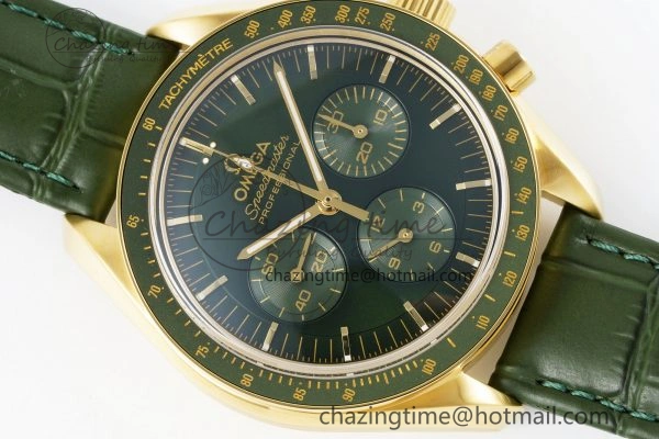 Speedmaster Moonwatch in Moonshine Gold YG RMF Best Edition Green Dial on Green Leather Strap Manual Chrono Effortless 7832