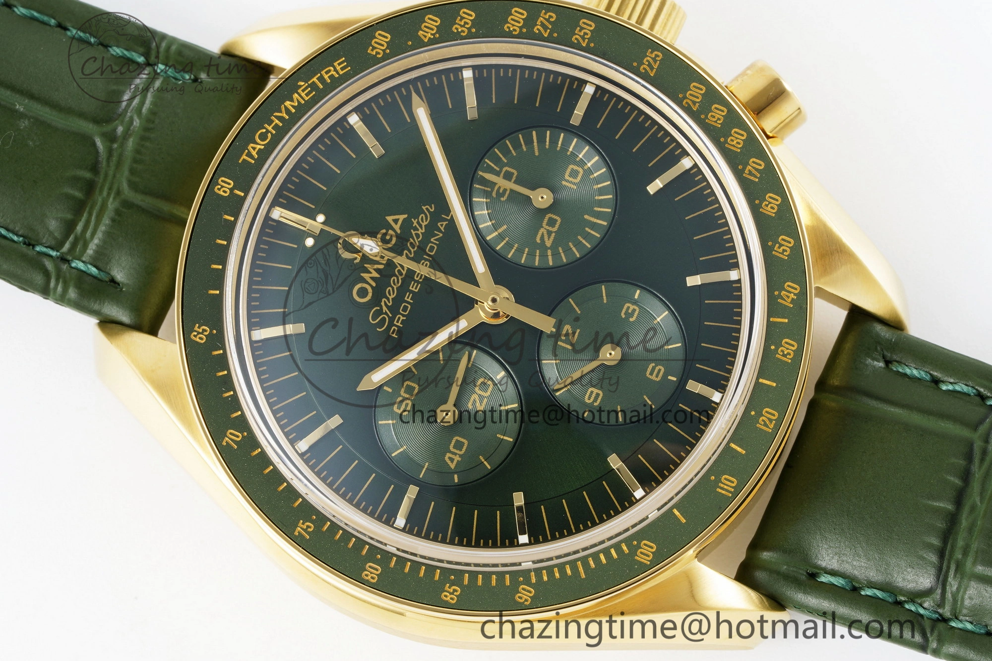 Speedmaster Moonwatch in Moonshine Gold YG RMF Best Edition Green Dial on Green Leather Strap Manual Chrono Effortless 7832