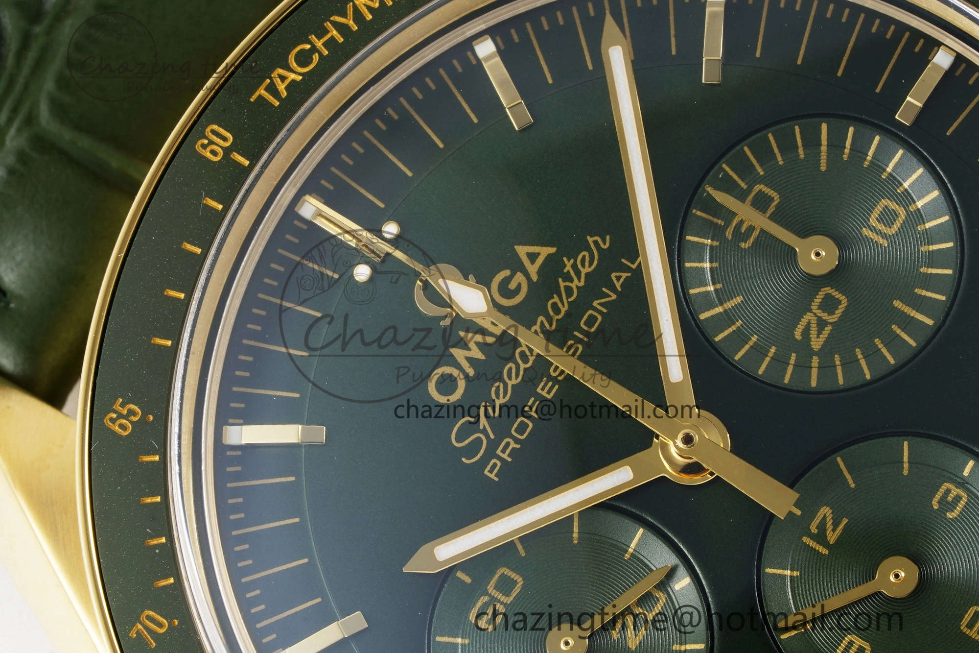 Speedmaster Moonwatch in Moonshine Gold YG RMF Best Edition Green Dial on Green Leather Strap Manual Chrono Effortless 7832