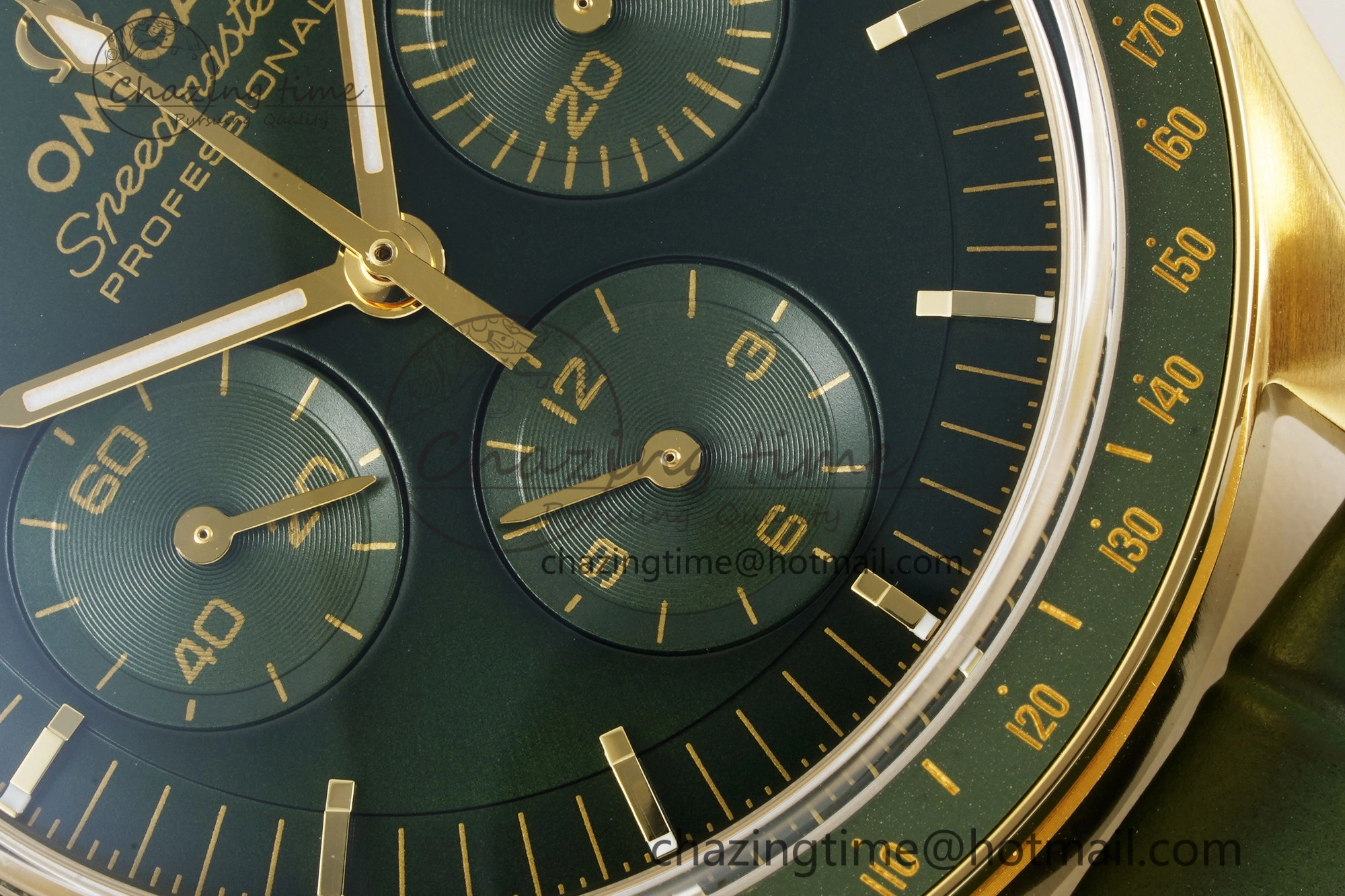 Speedmaster Moonwatch in Moonshine Gold YG RMF Best Edition Green Dial on Green Leather Strap Manual Chrono Effortless 7832