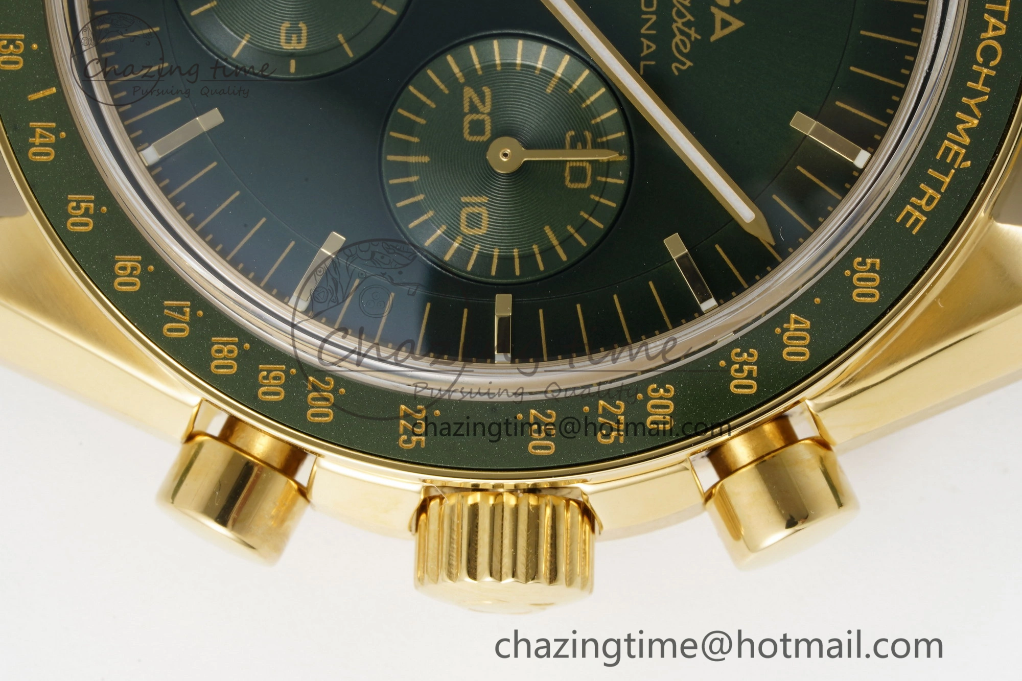 Speedmaster Moonwatch in Moonshine Gold YG RMF Best Edition Green Dial on Green Leather Strap Manual Chrono Effortless 7832