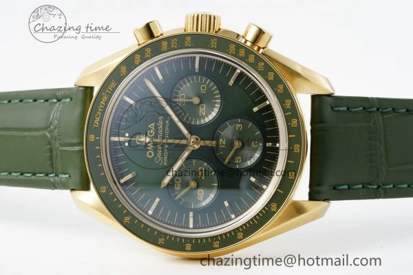 Speedmaster Moonwatch in Moonshine Gold YG RMF Best Edition Green Dial on Green Leather Strap Manual Chrono Effortless 7832