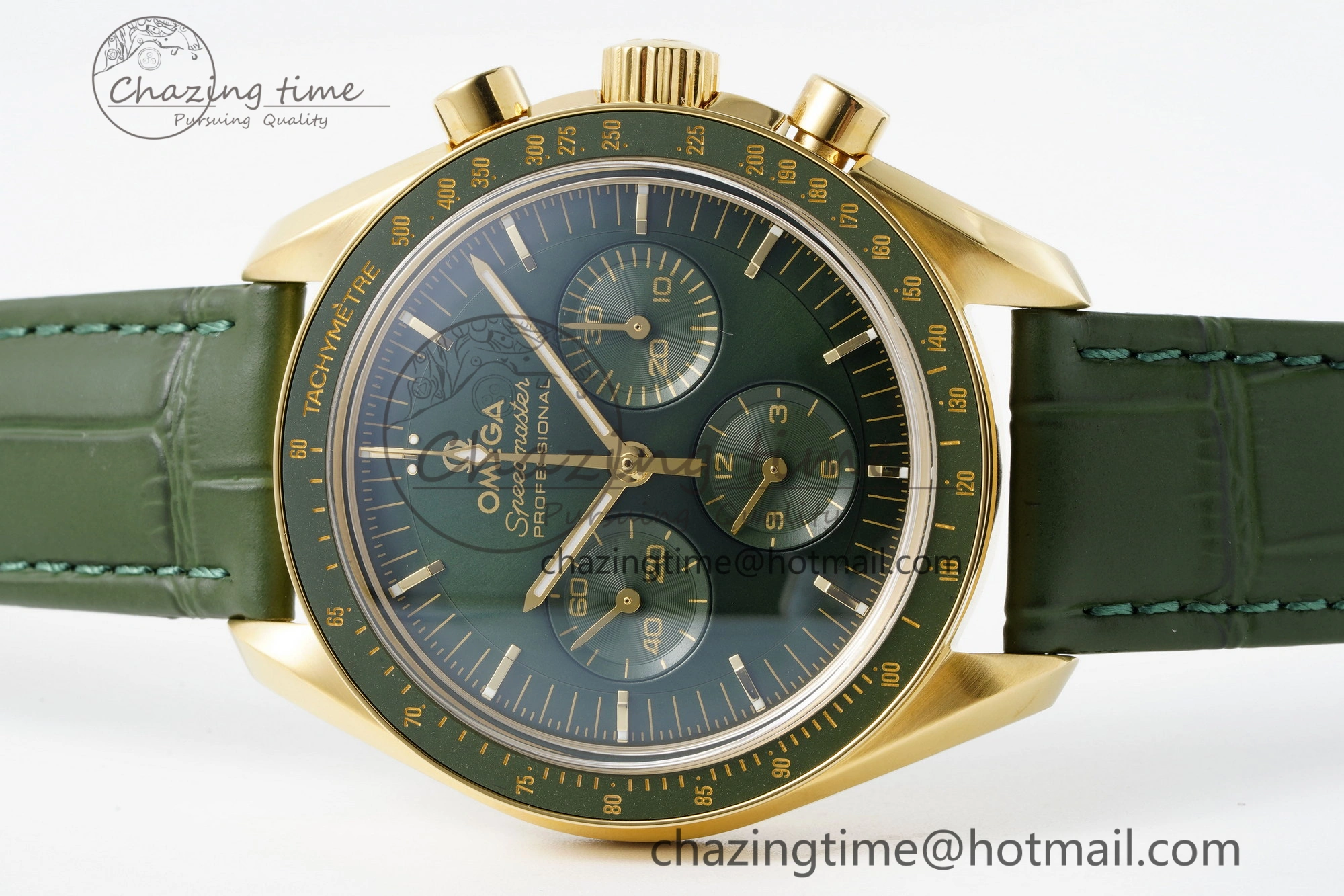 Speedmaster Moonwatch in Moonshine Gold YG RMF Best Edition Green Dial on Green Leather Strap Manual Chrono Effortless 7832
