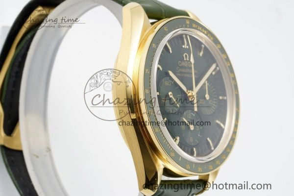 Speedmaster Moonwatch in Moonshine Gold YG RMF Best Edition Green Dial on Green Leather Strap Manual Chrono Effortless 7832