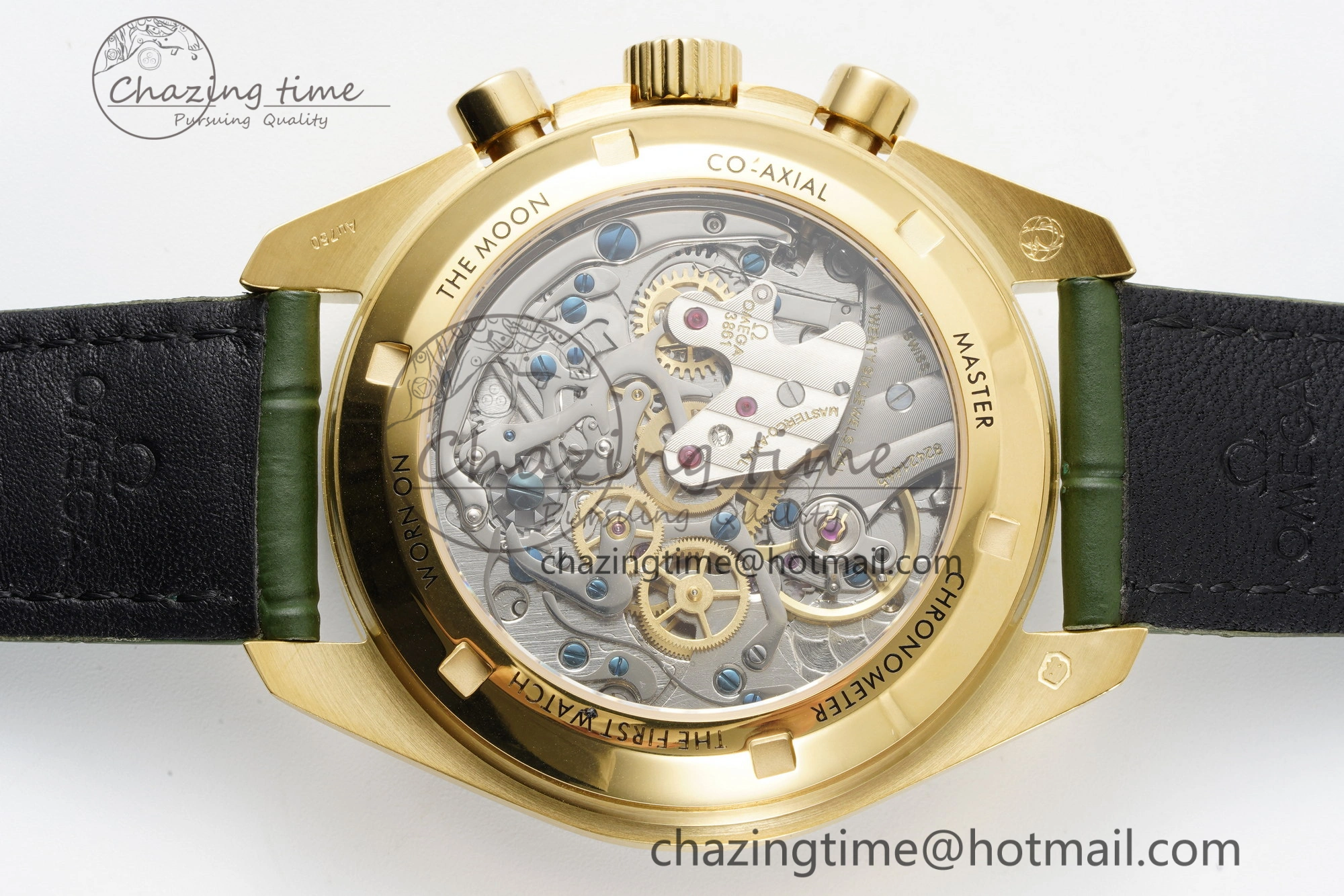 Speedmaster Moonwatch in Moonshine Gold YG RMF Best Edition Green Dial on Green Leather Strap Manual Chrono Effortless 7832