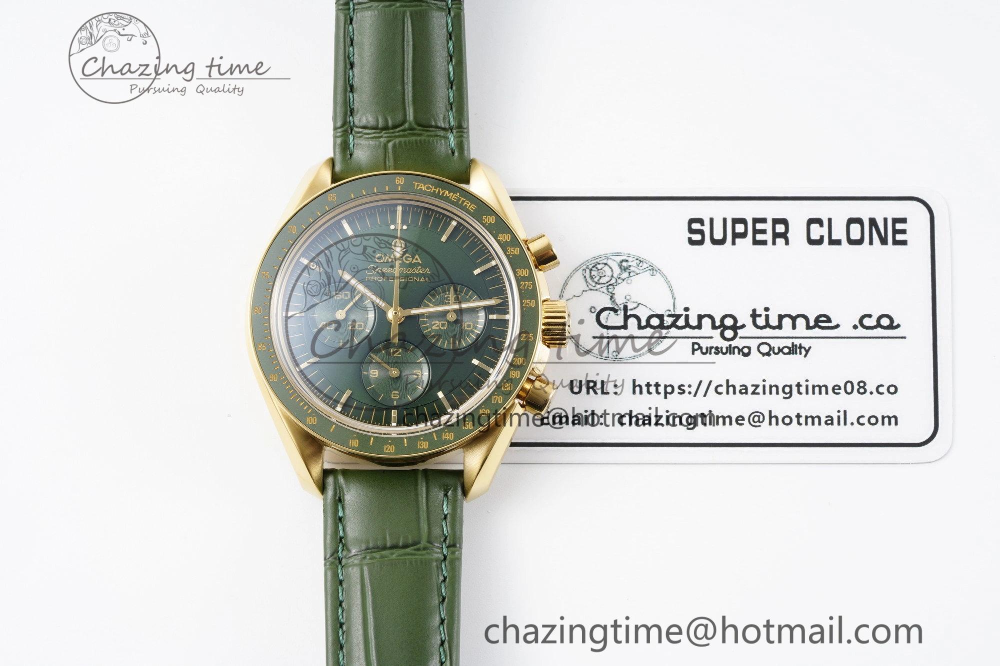 Speedmaster Moonwatch in Moonshine Gold YG RMF Best Edition Green Dial on Green Leather Strap Manual Chrono Effortless 7832