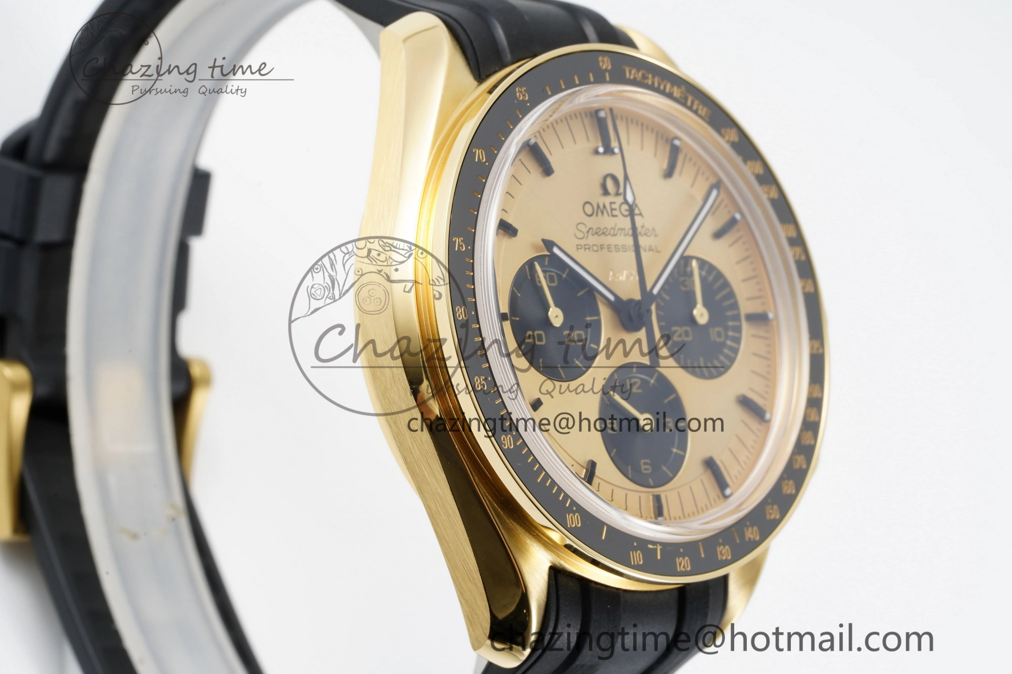 Premium Speedmaster Moonwatch in Moonshine Gold YG RMF Best Edition YG Dial on Black Rubber Strap Manual Chrono 7834