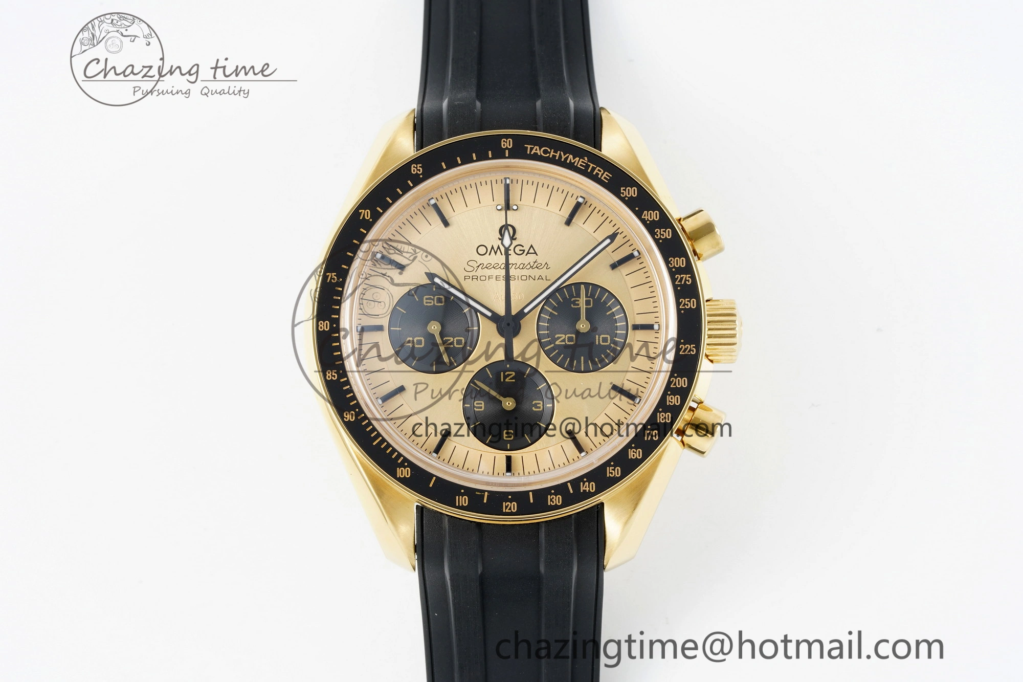Premium Speedmaster Moonwatch in Moonshine Gold YG RMF Best Edition YG Dial on Black Rubber Strap Manual Chrono 7834