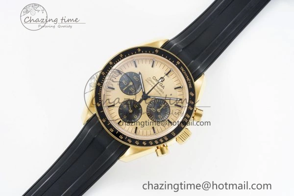 Premium Speedmaster Moonwatch in Moonshine Gold YG RMF Best Edition YG Dial on Black Rubber Strap Manual Chrono 7834
