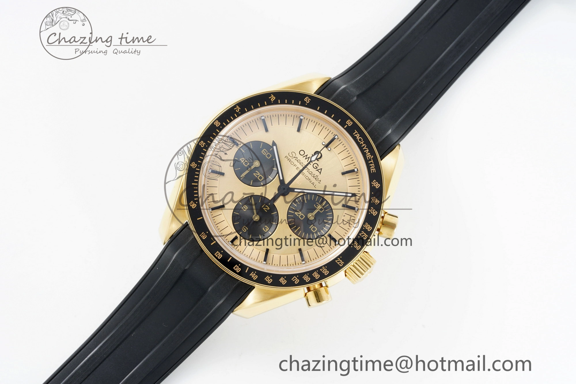 Premium Speedmaster Moonwatch in Moonshine Gold YG RMF Best Edition YG Dial on Black Rubber Strap Manual Chrono 7834
