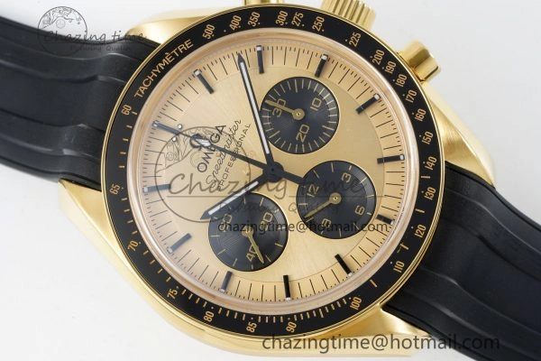 Premium Speedmaster Moonwatch in Moonshine Gold YG RMF Best Edition YG Dial on Black Rubber Strap Manual Chrono 7834