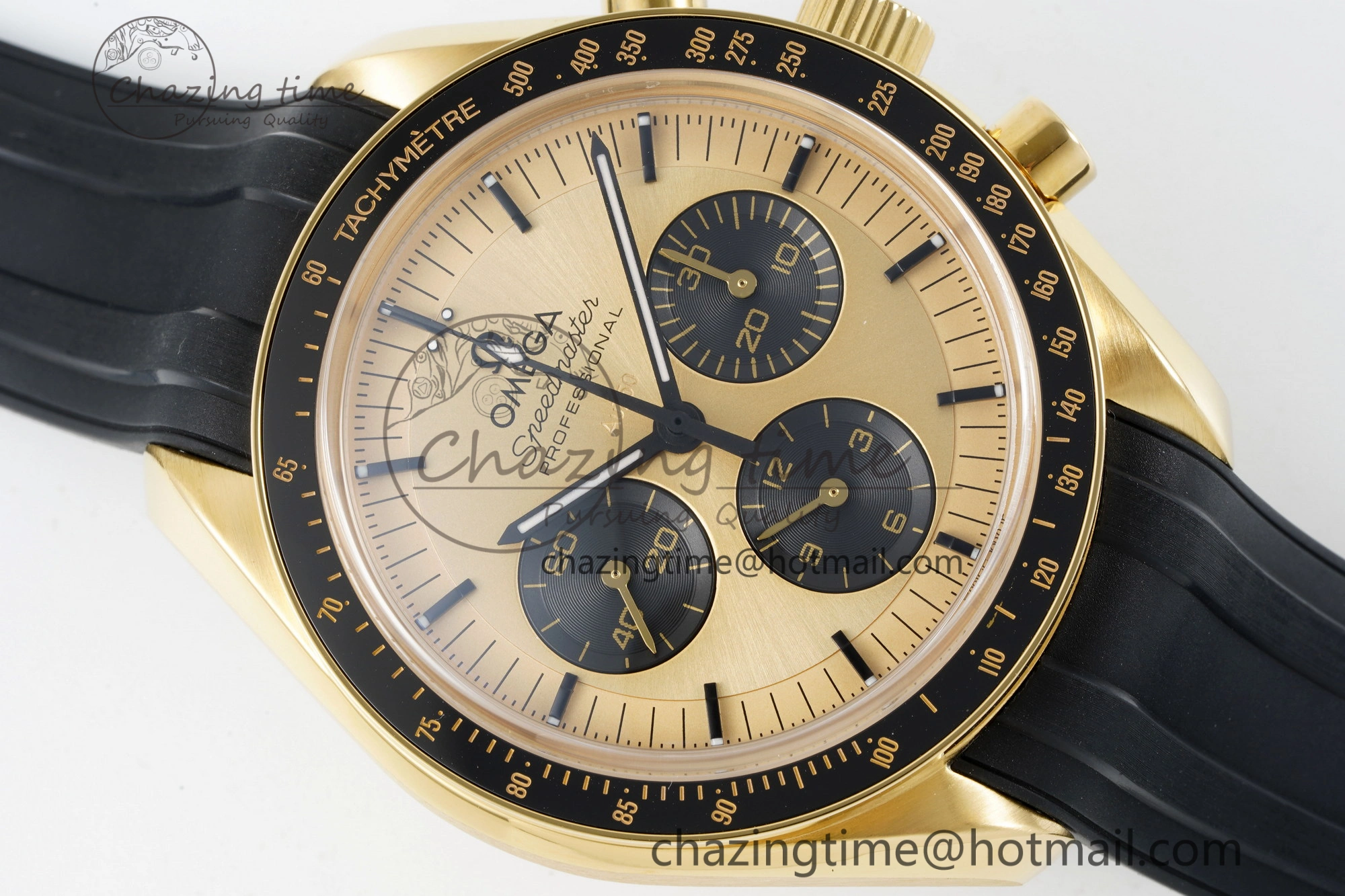 Premium Speedmaster Moonwatch in Moonshine Gold YG RMF Best Edition YG Dial on Black Rubber Strap Manual Chrono 7834