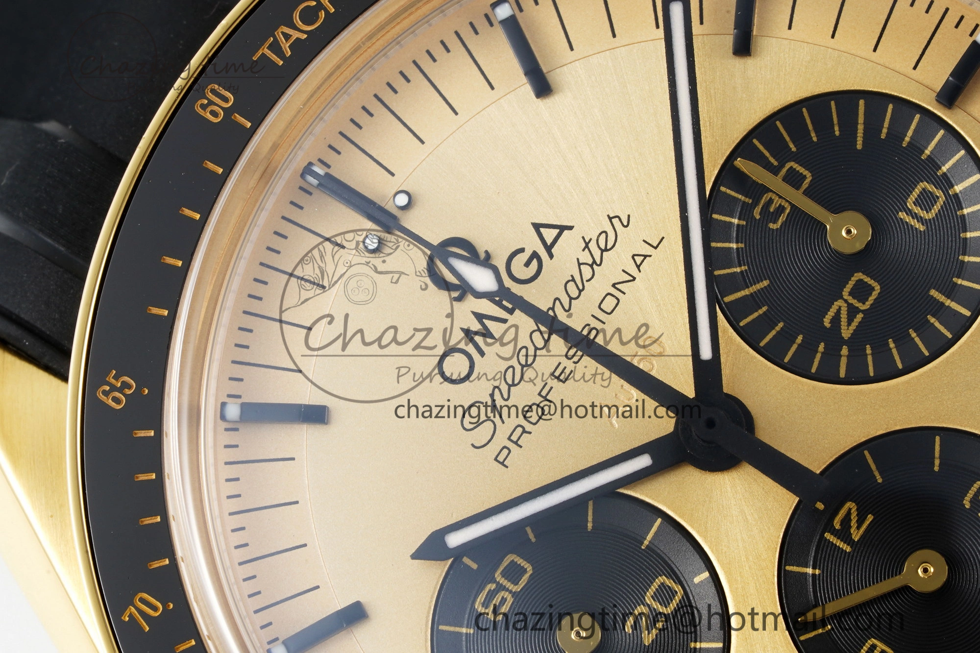 Premium Speedmaster Moonwatch in Moonshine Gold YG RMF Best Edition YG Dial on Black Rubber Strap Manual Chrono 7834