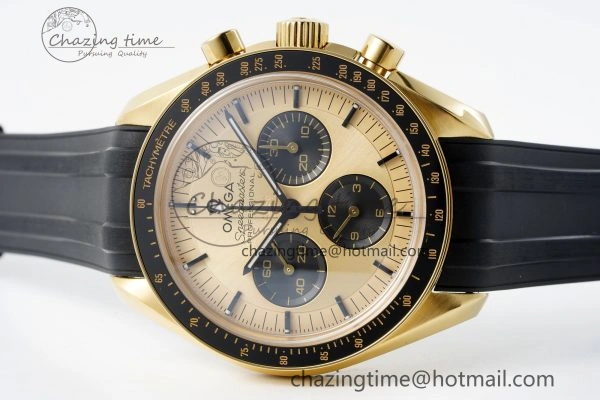 Premium Speedmaster Moonwatch in Moonshine Gold YG RMF Best Edition YG Dial on Black Rubber Strap Manual Chrono 7834