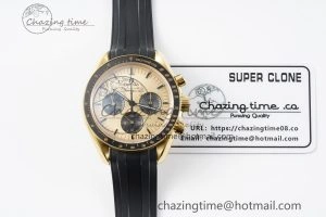 Premium Speedmaster Moonwatch in Moonshine Gold YG RMF Best Edition YG Dial on Black Rubber Strap Manual Chrono 7834