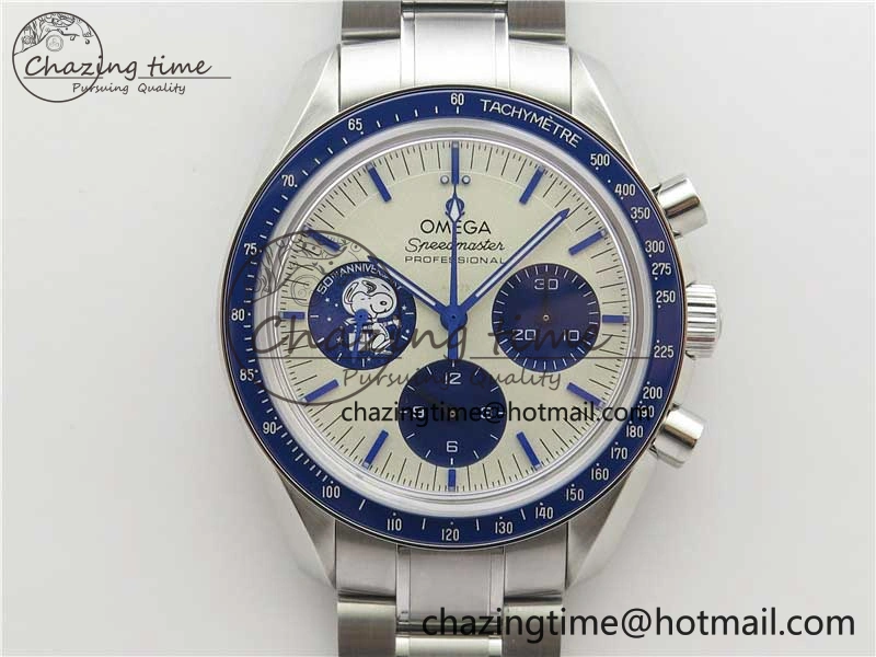 Effortless Speedmaster SS Snoopy Apollo OMF Best Edition White Dial on SS Bracelet Venus 7877