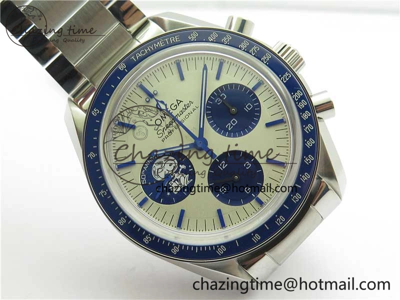 HighPerformance Speedmaster SS Snoopy Apollo OMF Best Edition White Dial on SS Flat link Bracelet Venus 7882
