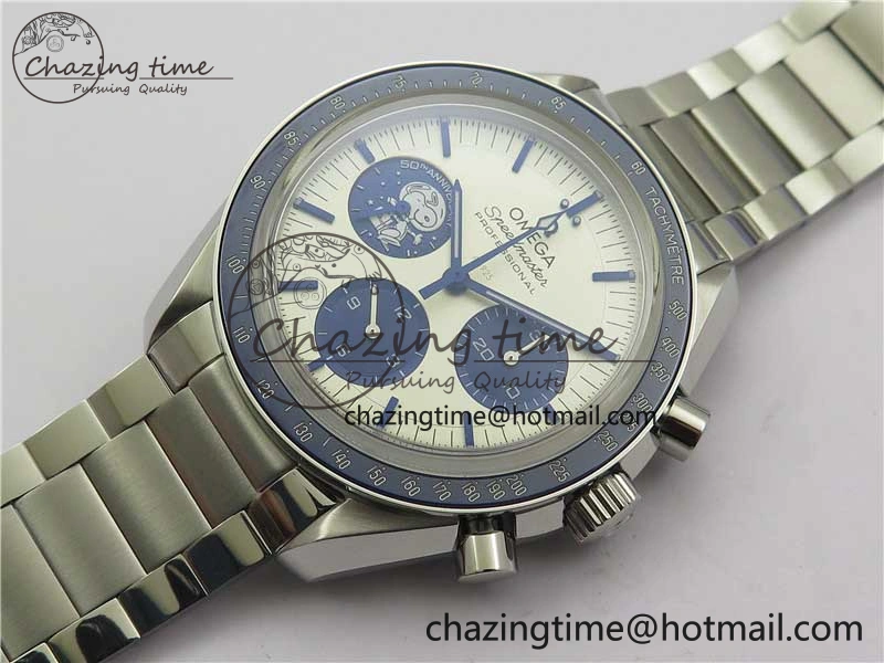 HighPerformance Speedmaster SS Snoopy Apollo OMF Best Edition White Dial on SS Flat link Bracelet Venus 7882